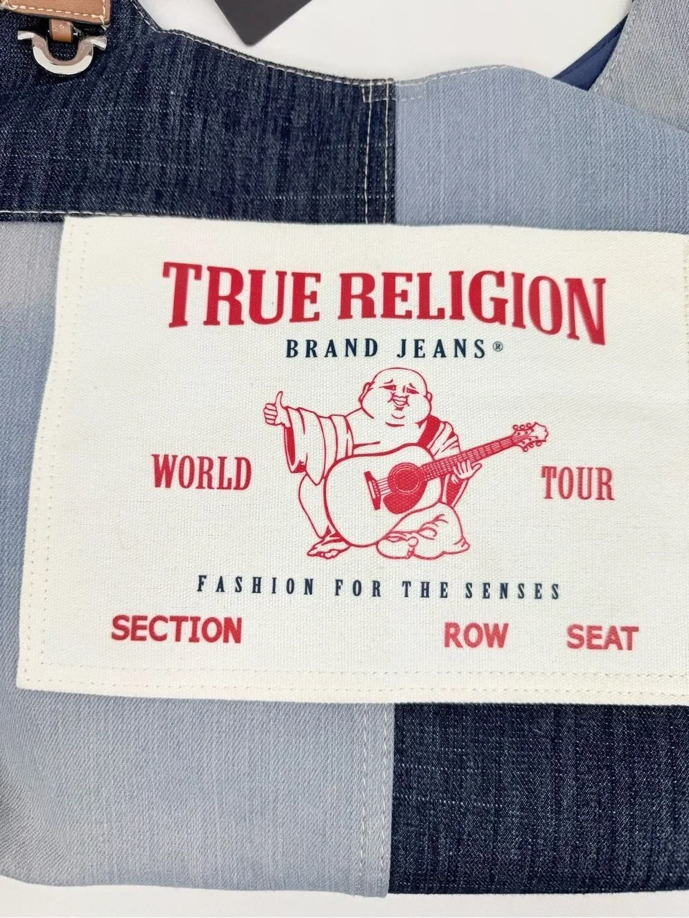 True Religion Blue White Patchwork Fade Denim Ticket Patch Hobo Shoulder Bag NEW